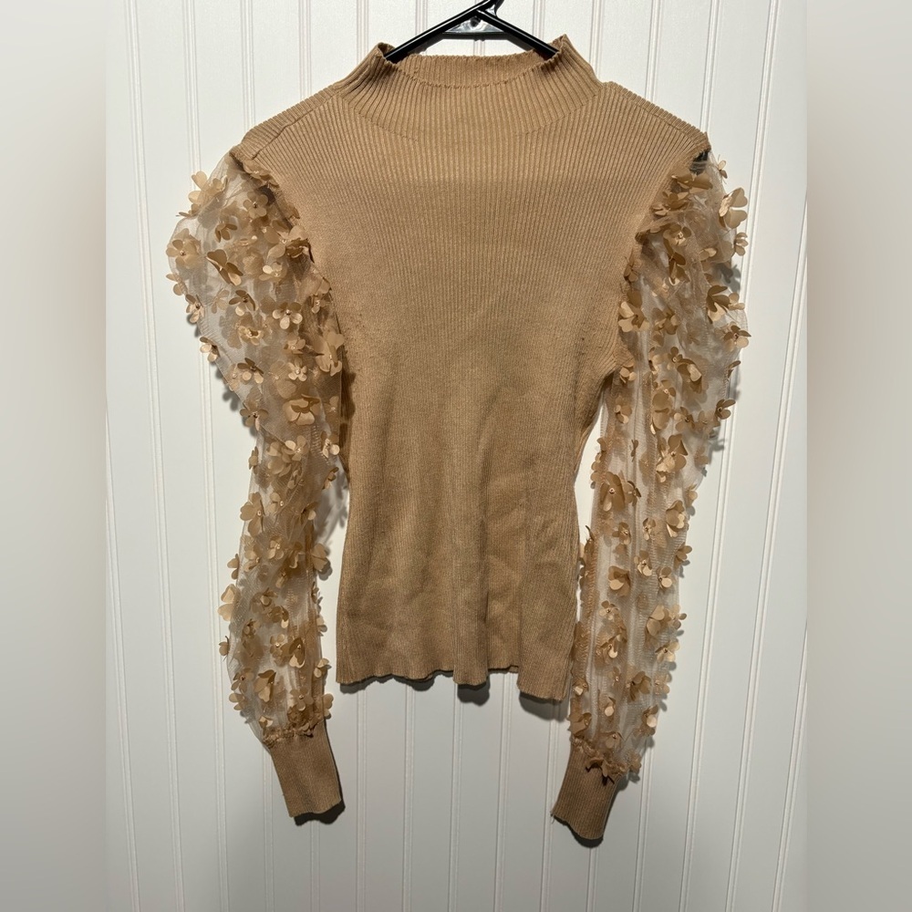 Almost Famous Tan Sweater with Floral Sheer Sleeves| Size Large
